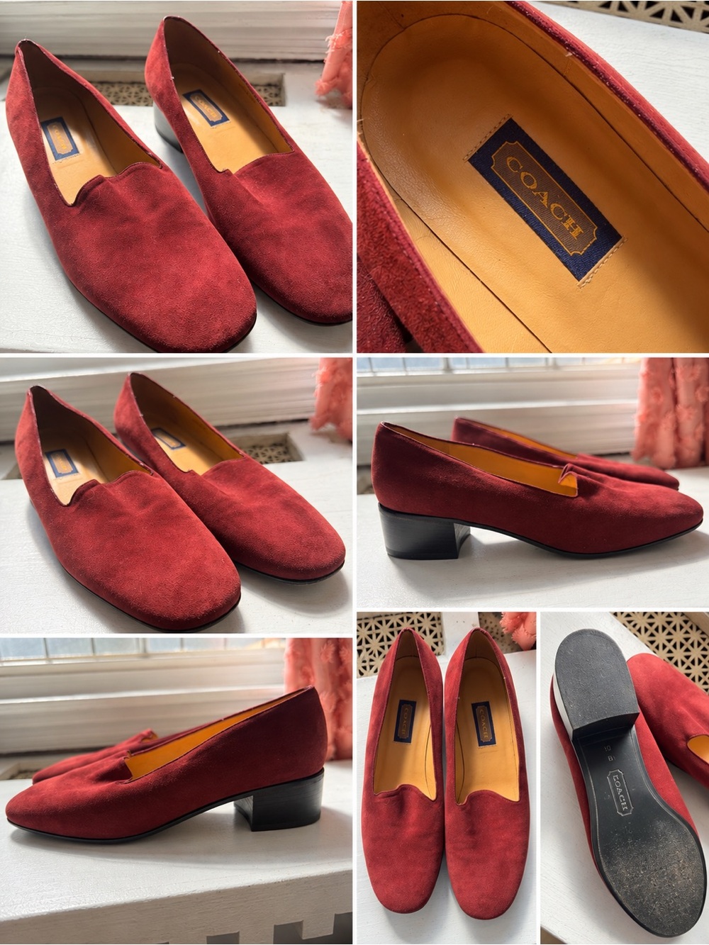 Coach Burgundy suede loafers with low Block heel - Classic style in size 10